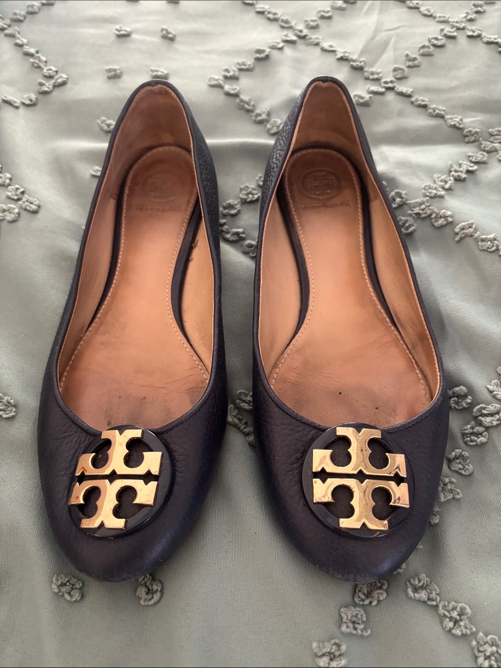 Tory Burch Black Leather Logo Ballet Flats with Gold Emblem